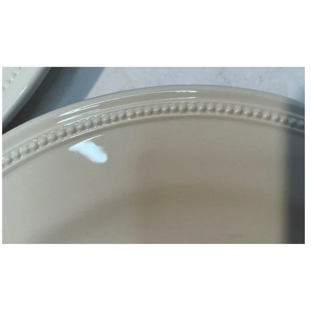 Lands End Set of 3 Salad Plates Cream Beaded Rim Stoneware 8.25 Inch Classic